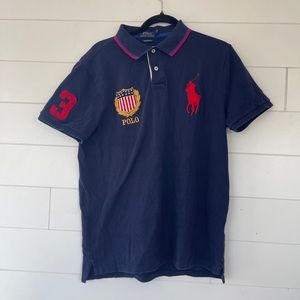 Polo Ralph Lauren Navy Gold USA Flag Crest Big Pony Logo Polo Shirt